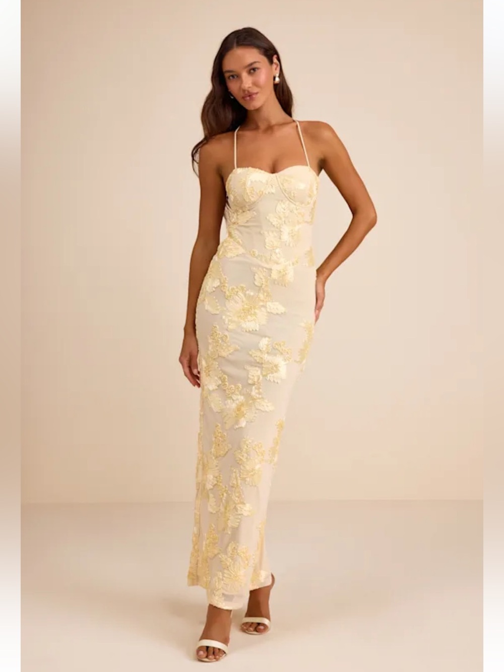 NWT Lulus Nantessa Light Yellow Floral Applique Lace-Up Maxi Dress